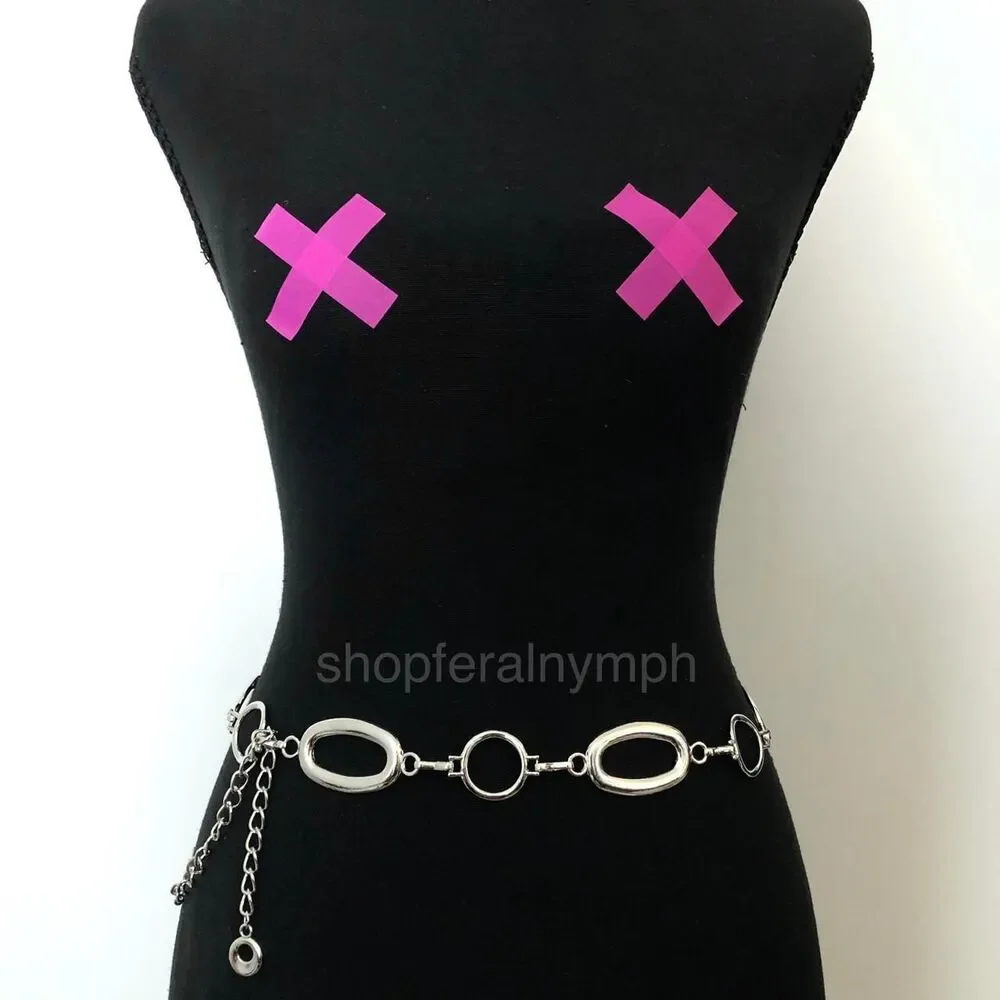 Y2K Minimalist Silver Geometric Link Chain Belt, Fits 29–42 Inches, X7GA1221